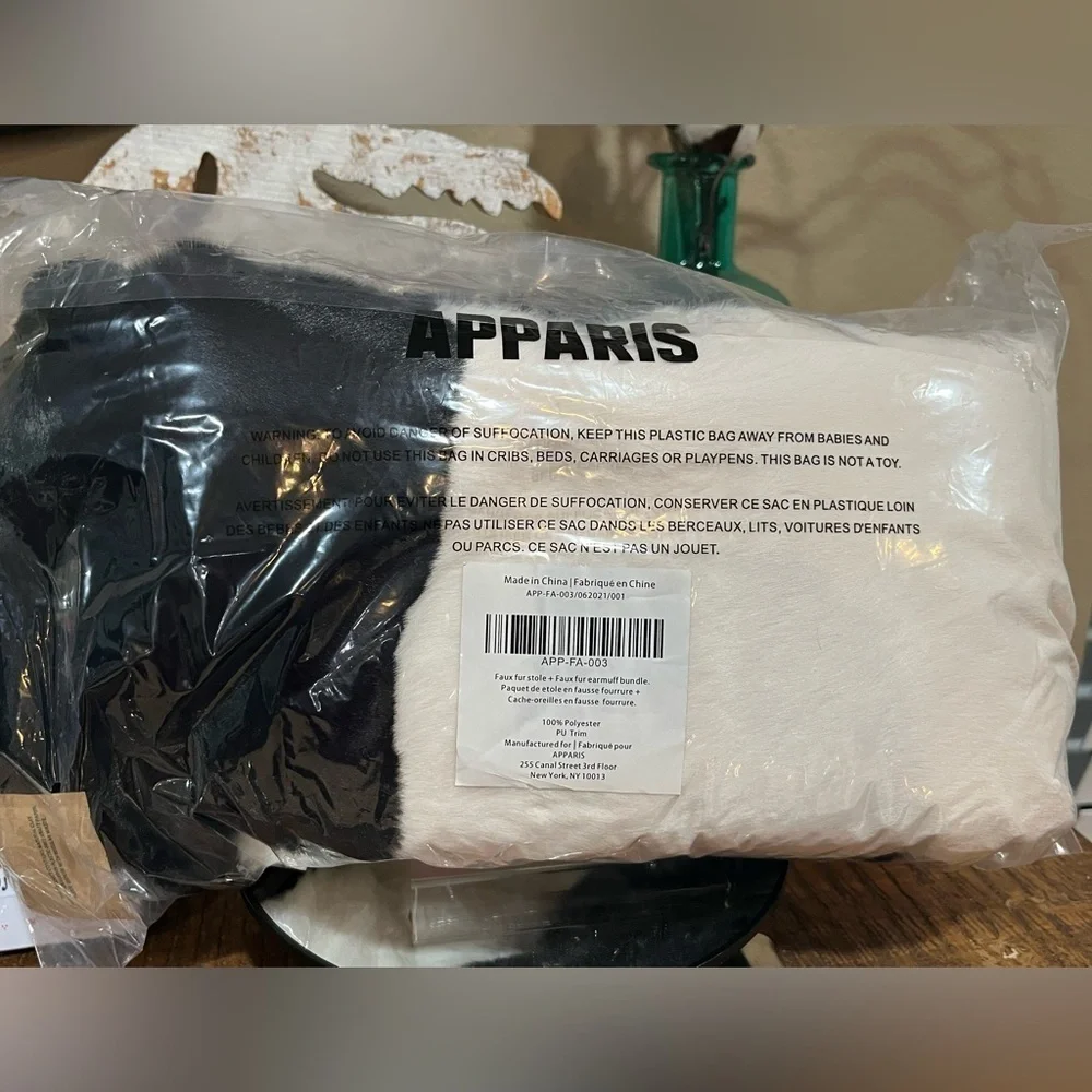 Apparis Black White Faux Fur Stole and Earmuffs